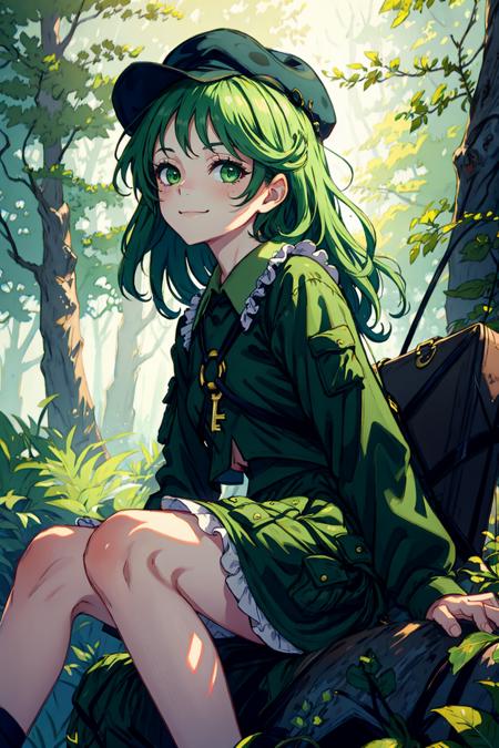 02352-95222314-masterpiece, best quality,  _lora_YamashiroTakane_1_,_1girl, green hair, solo, skirt, sitting, green eyes, hat, shirt, nature, t.png